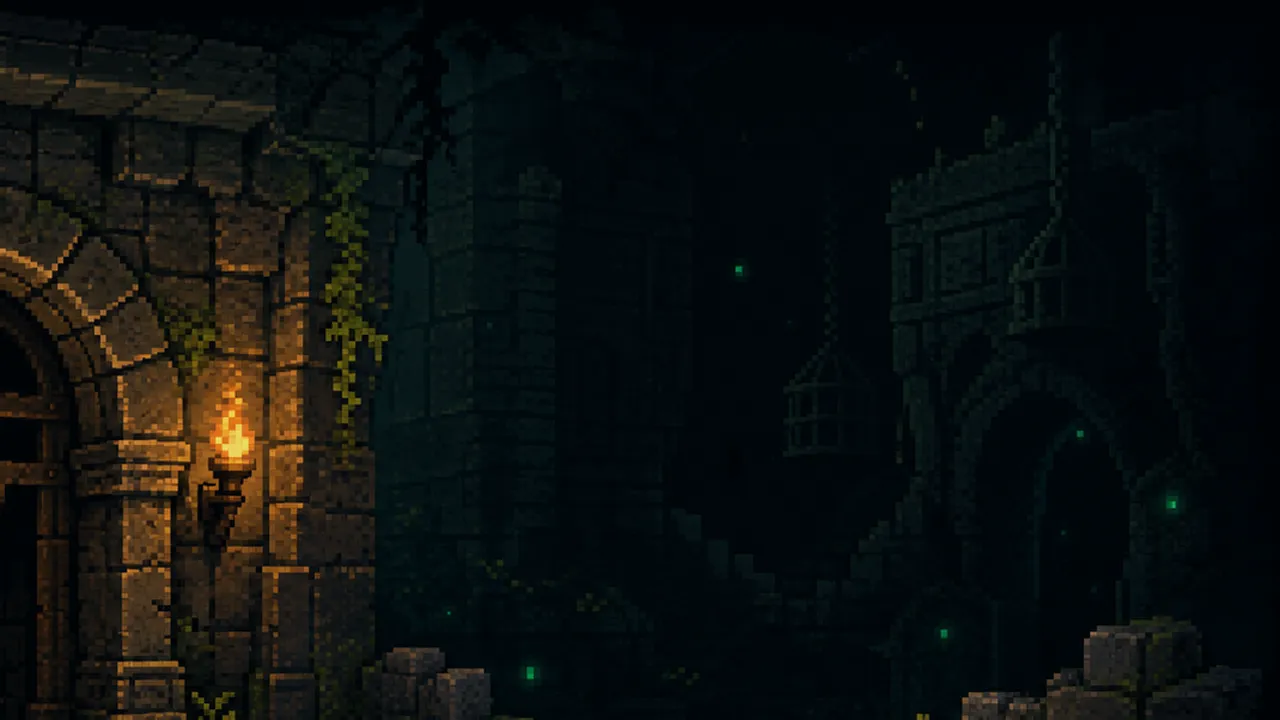 Pixel art stone library with glowing tiled dungeon map projected above a strategy desk