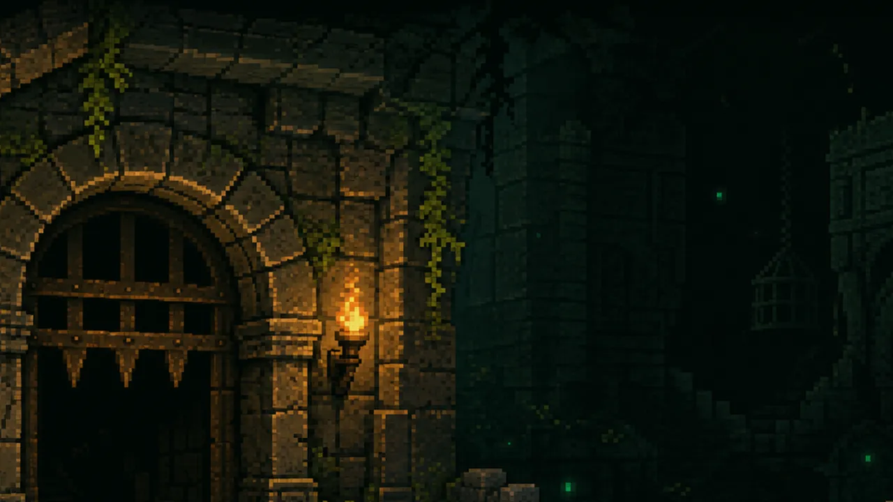 Pixel art compact dungeon room with dawn light, resources, footprints and stairs