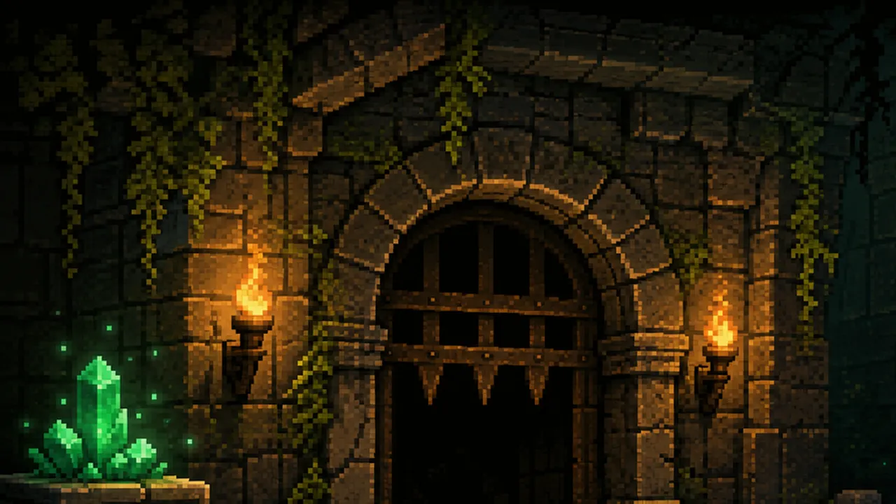 Pixel art adventurer facing three dungeon doors with potions, scrolls and visible traps