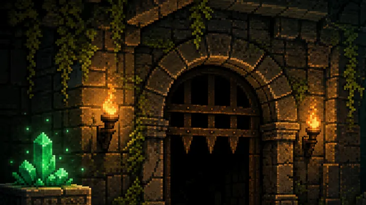 Refined pixel art dungeon gate with torches and green crystals