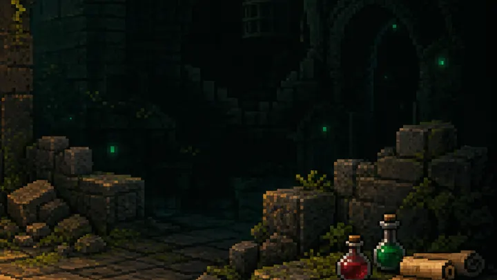 Refined pixel art potions, scrolls and dungeon loot in a dark room